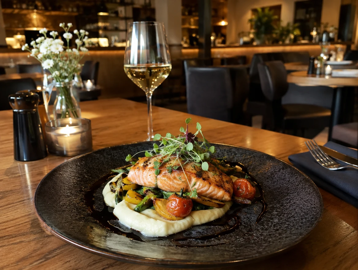 Danie z łososia na stole w restauracji, w tle sala z barem