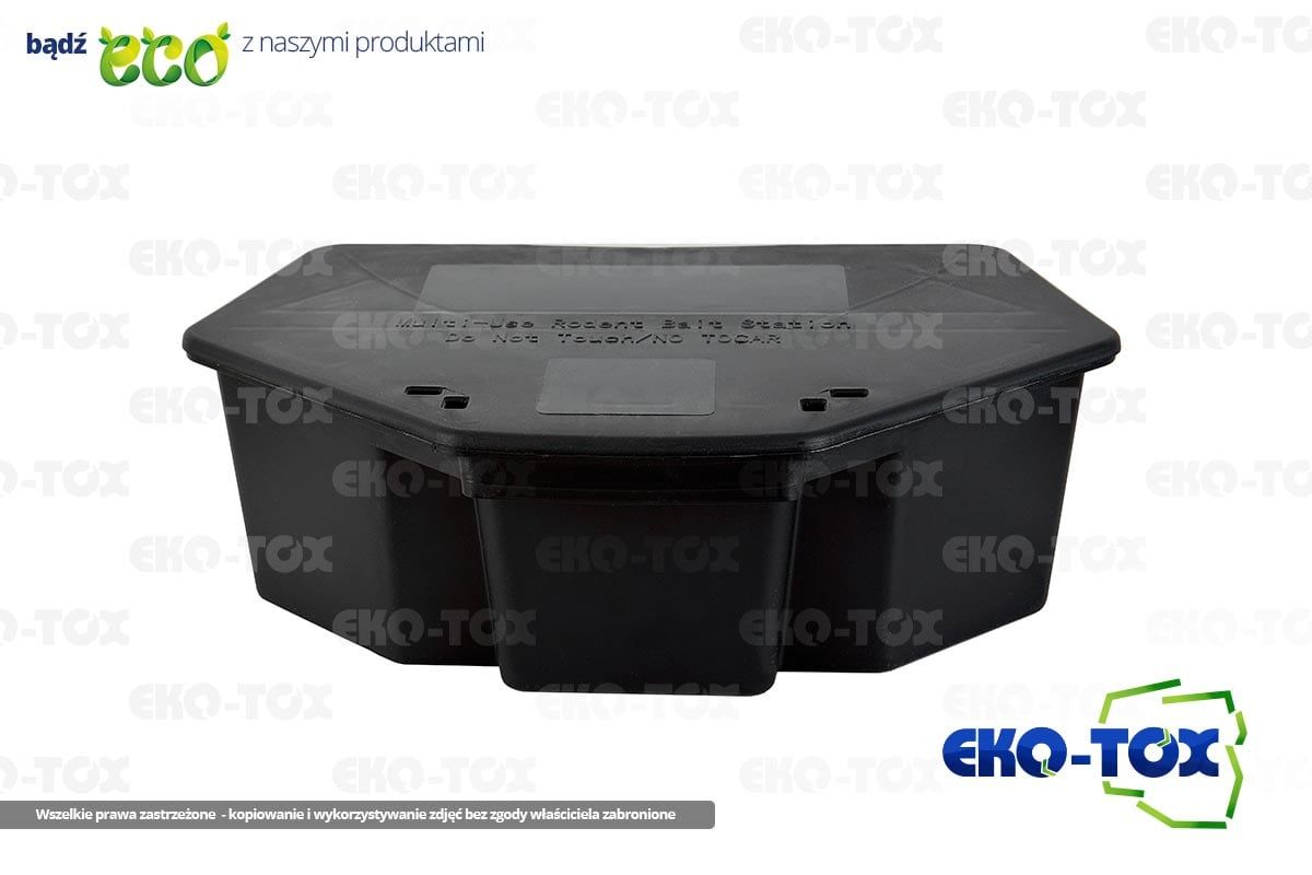 Zamknięty karmnik deratyzacyjny z tłoczonym ostrzeżeniem „Multi-Use Rodent Bait Station"