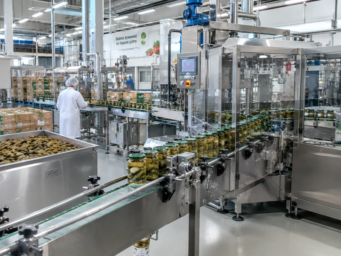 Linia produkcyjna w zakładzie spożywczym: słoiki z ogórkami na taśmie i pracownik w odzieży ochronnej