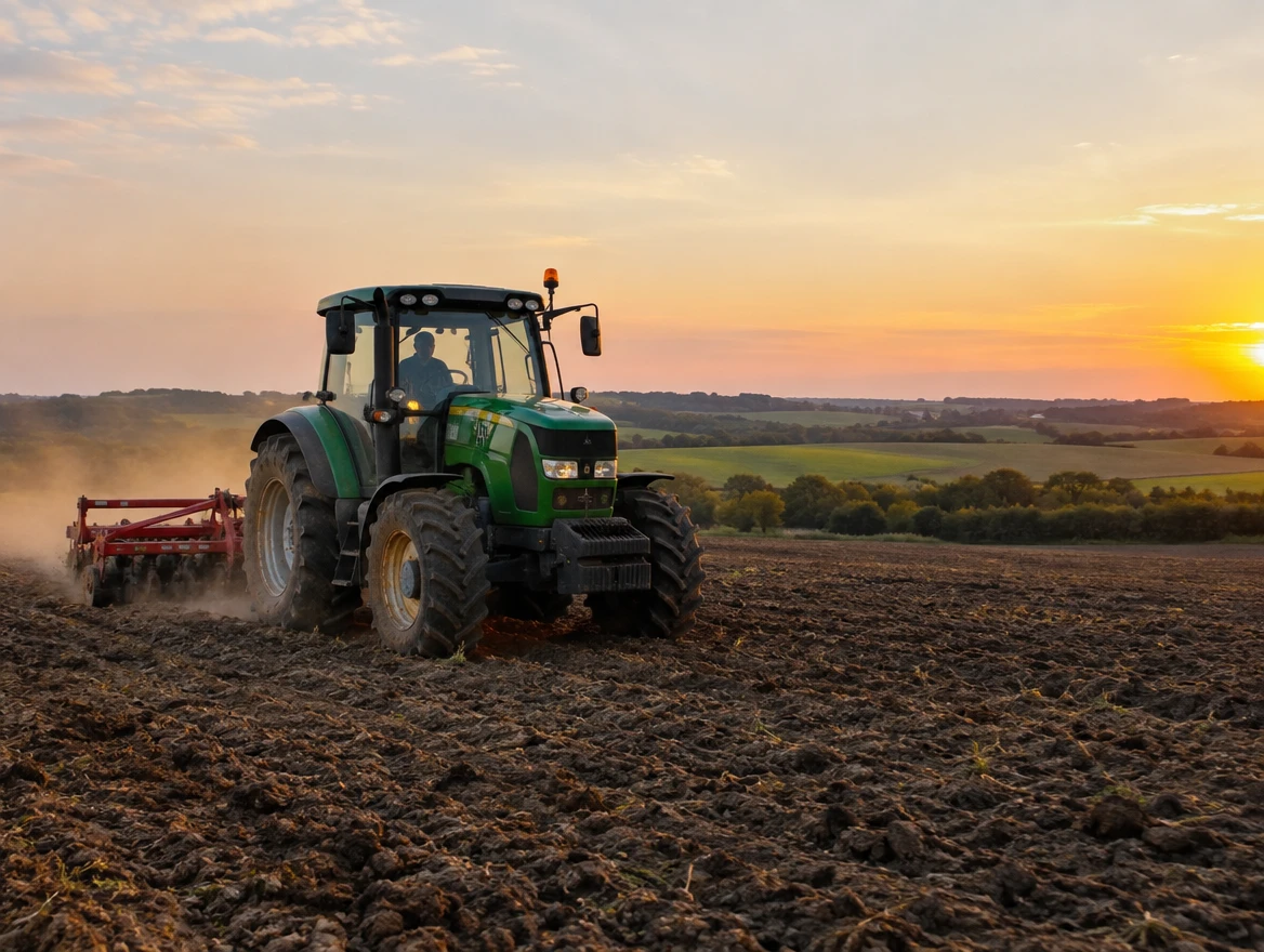Traktor z broną na polu o zachodzie słońca