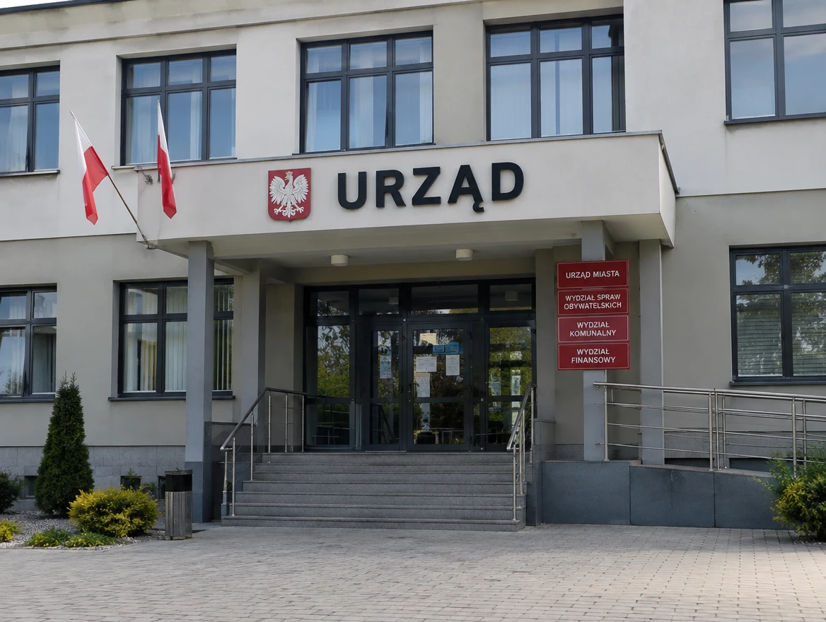 Wejście do budynku urzędu z polskimi flagami